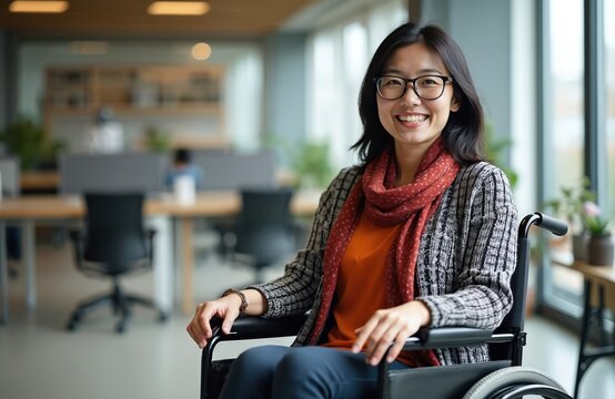 Confident woman in wheelchair smiles warmly within modern office setting. Embodies inclusion, professionalism accessible workspace solutions. Inspiring image promoting diversity, talent utilization