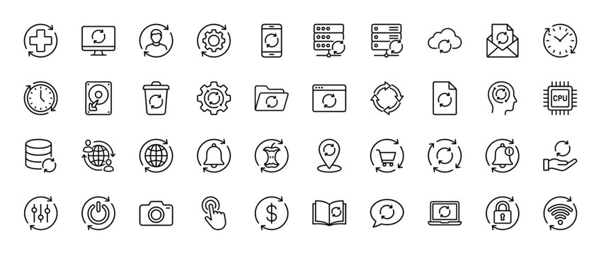 Technology and commerce cycle line icon set. Vector pictograms of settings, refresh, data, time, security, and battery, thin linear illustration.