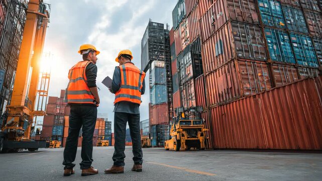 Industrial worker works with co-worker at overseas shipping container yard . Logistics supply chain management and international goods export concept
