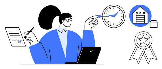 Businesswoman working with laptop, reviewing documents, prioritizing time, logistics, goals, and quality standards. Ideal for productivity, organization, time management business planning