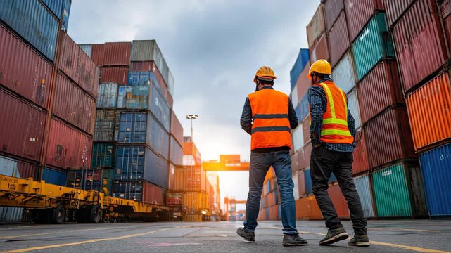 Industrial worker works with co-worker at overseas shipping container yard . Logistics supply chain management and international goods export concept