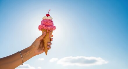 Hand holding strawberry ice cream cone against blue sky on sunny day