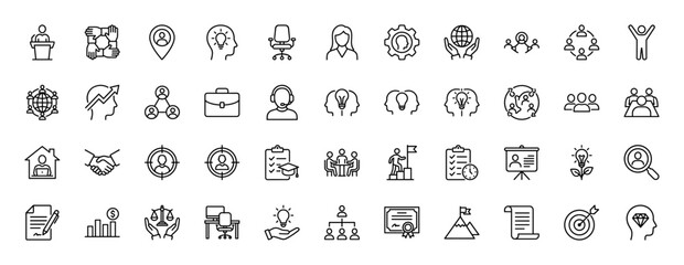 Business and management line icon set. vector pictograms of strategy, success, teamwork, leadership, and finance, thin linear illustration.