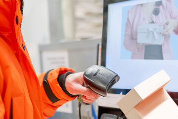 modern consumer scanning qr code on self-checkout screen in store warehouse, retail experience with touchless payment options, self service shopping, retail experience, easier customer transactions