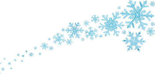 A beautiful flowing arc of light blue snowflakes of various sizes creating a festive winter or Christmas themed decorative element isolated on a white background