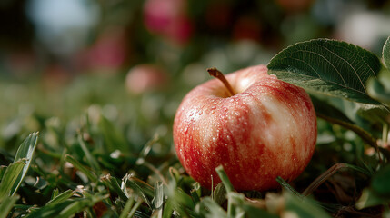 Fresh red apple resting on green grass with leaves outdoors for Newton Day  