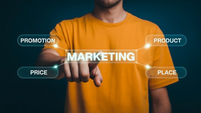 Businessman pointing at the word marketing surrounded by the four ps promotion, product, price, and place in a digital interface concept