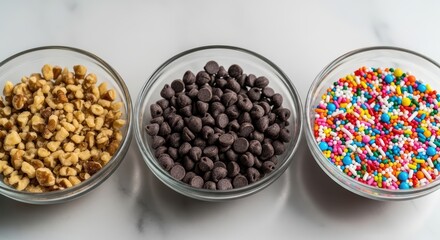 Walnuts, chocolate chips, and sprinkles in glass bowls on white background