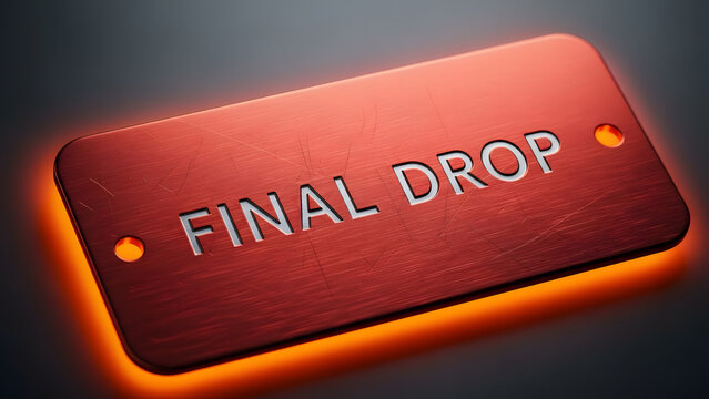 Final Drop Announcement: A minimalist composition highlighting the phrase Final Drop on a metallic rectangular plate with orange accent. Evoking a sense of anticipation and last chance opportunities.