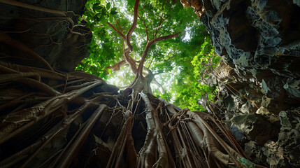 Dramatic Low Angle View of Ancient Banyan Tree Roots and Lush Green Canopy in Tropical Cave