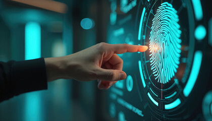 Person touches fingerprint scanner on futuristic screen. Digital interface scans biometric identity for security access. Modern technology identifies user with thumbprint.