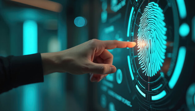 Person touches fingerprint scanner on futuristic screen. Digital interface scans biometric identity for security access. Modern technology identifies user with thumbprint.