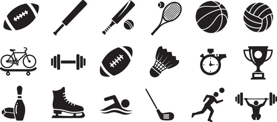Sport icon vector set showing silhouette symbol of fitness activity equipment and ball for competition and recreation, concept of exercise athletic lifestyle and training