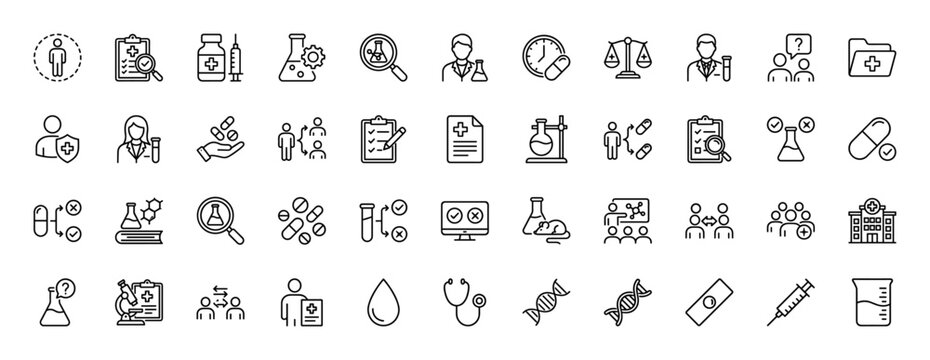 Medical and scientific research line icon set. Vector pictograms of syringe, dna, microscope, brain, and pills, thin linear illustration.
