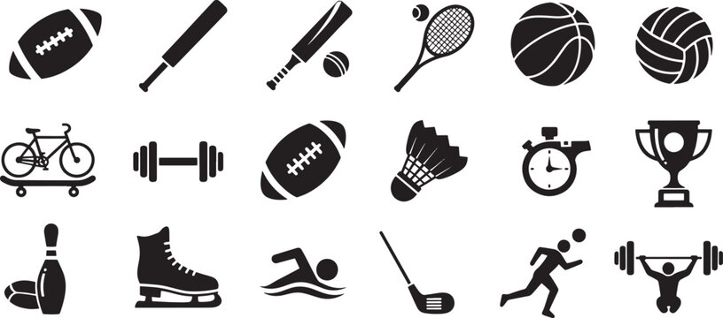 Sport icon vector set showing silhouette symbol of fitness activity equipment and ball for competition and recreation, concept of exercise athletic lifestyle and training