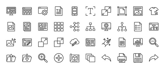 Design and development line icon set. Vector pictograms of web pages, files, settings, and folders, thin linear illustration.