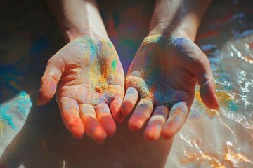 Colorful powder on open hands in sunlight