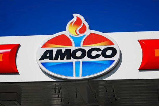 Bronx, NY - Sept. 18, 2025: Amoco gas station and service garage corporate torch and oval logo close up. Amoco, formerly Standard Oil and now part of BP Amoco , is an acronym for American Oil Company.