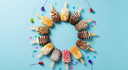 Assorted ice cream popsicles in circle on blue background with colorful sprinkles