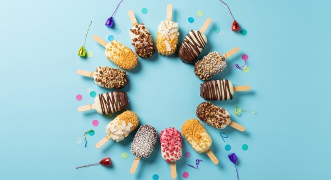 Assorted ice cream popsicles in circle on blue background with colorful sprinkles