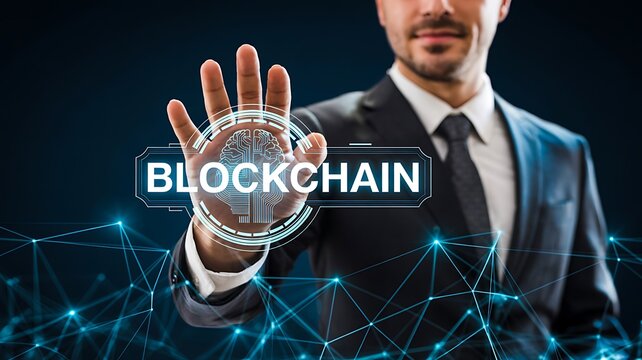Businessman touching a glowing digital interface displaying the word blockchain with a network connection graphic overlay, symbolizing decentralized technology and future finance
