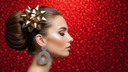 Elegant woman with a Christmas gift bow in her hair. Holiday beauty portrait with glamorous makeup on a sparkling red background