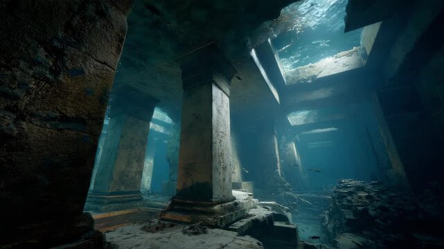 interior scenes of abandoned ruins underwater, walls and pillars made of lapis lazuli, crumbling scenes, dim light