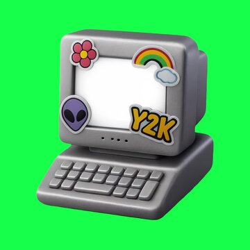 Retro computer with colorful stickers animation, transparent 4K video, green screen