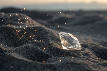 A sparkling diamond crystal shard resting on textured dark sand
