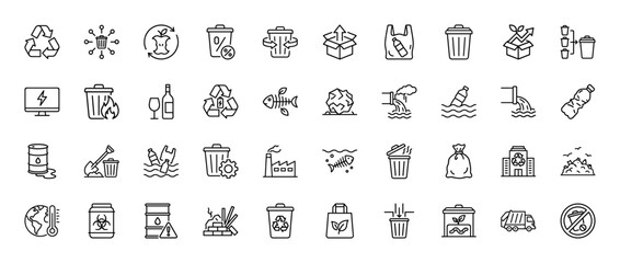 Ecology and waste management line icon set. Vector pictograms of recycling, trash bins, pollution, and garbage truck, thin linear illustration.