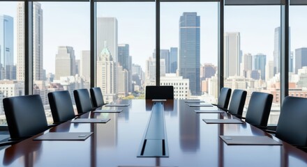 Modern conference room with cityscape view from skyscraper