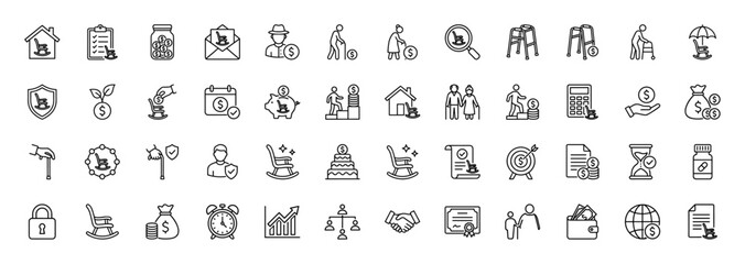Retirement planning and pension line icon set. vector pictograms of rocking chair, calendar, money bag, hourglass, and investment chart, thin linear illustration.