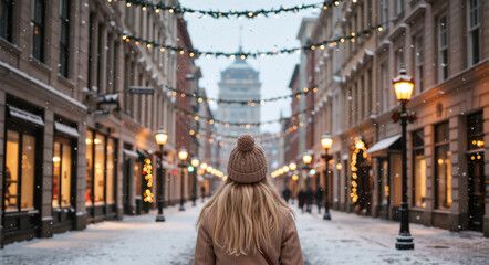 A woman seen from behind on a snowy city street decorated with festive Christmas lights. Winter holiday travel in a historic old town