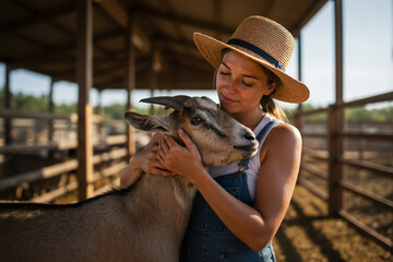 A young farmer woman affectionately hugging a goat on a farm. Tender moment of human-animal connection in a rustic barn. Rural lifestyle and animal care concept.