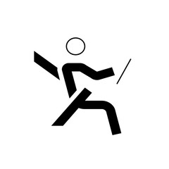 Stylized icon of a stick figure with a circle head holding a stick and a diagonal line in black and white