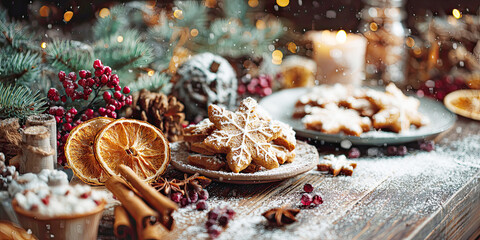 Christmas holiday still life on a wooden table in a rustic style