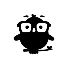 Silhouette of a cartoon owl wearing glasses perched on a branch with a leaf and raised eyebrows look