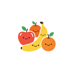 Cute and happy cartoon fruits with smiling faces.