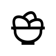 Illustration of a bowl filled with three rounded objects in a simple black and white outline drawing style