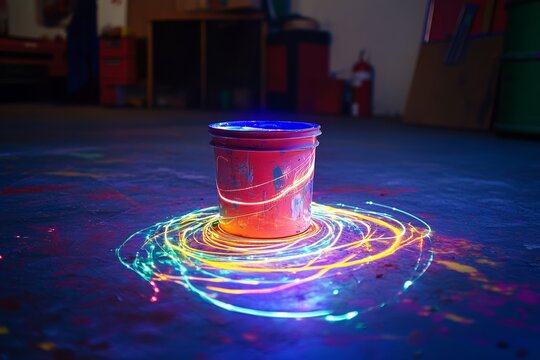 Glowing paint can with neon light streaks on floor