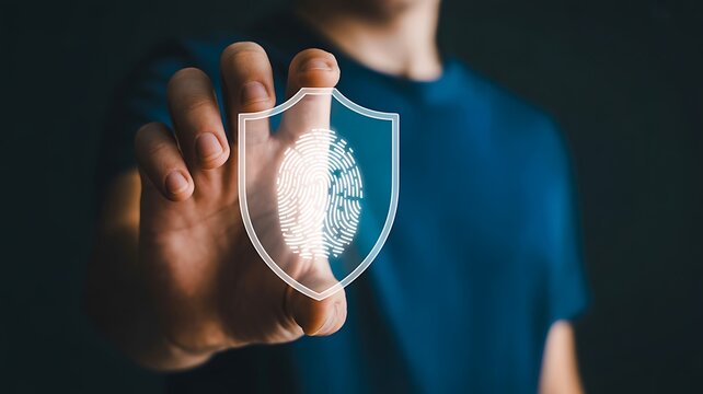 Man holding a transparent shield icon with a white fingerprint inside, symbolizing digital security, biometric authentication, and personal data protection in a dark setting