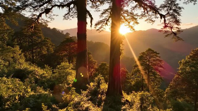 The sun rises behind tall trees, casting golden beams across the lush forest as vibrant green leaves sparkle in the light. The serene landscape is alive with the warm colors of daw