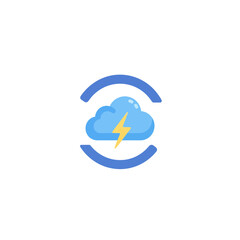 Cloud with lightning bolt inside a blue circle representing weather.