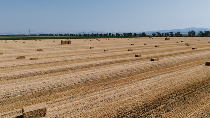 Obraz premium Wide aerial shot of a large, harvested grain field with straw bales and linear patterns, leading towards a distant town and mountains under a clear sky
