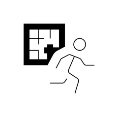 Stick figure running away from a black square with a grid and a missing piece on the side design
