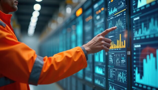 Manager points at digital dashboard with graphs. Person analyzes data on screen. Supply chain expert uses analytics for inventory planning. Future tech in logistics operations.