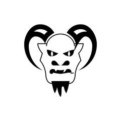 Illustration of a stylized demon head with horns, sharp teeth, and a goatee in black and white design