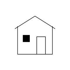 A simple outline of a house with a triangular roof a rectangular door and a black square window design element