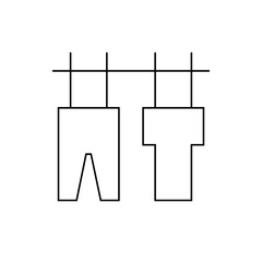 Outline drawing of clothesline with pants and t shirt hanging on it in black and white style art