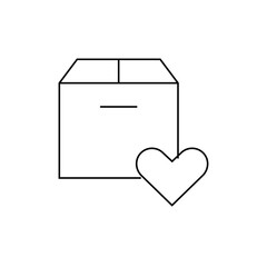 Outline drawing of a box with a horizontal line on the front and a heart shape next to the box outline